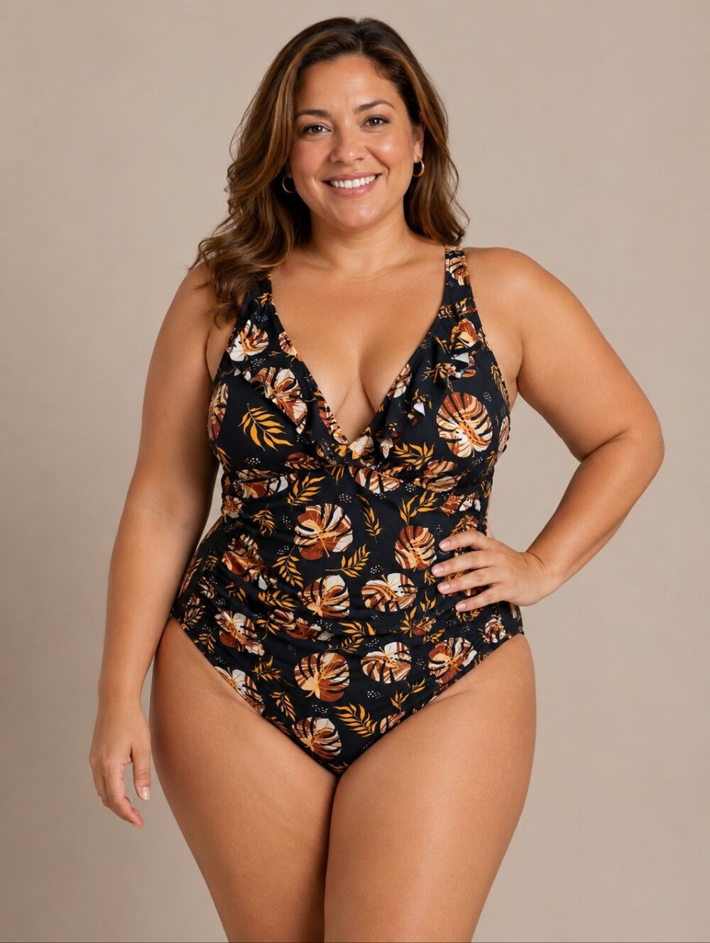 🍍 Hula Bay Black Tropical Ruffle V-Neck One-Piece Swimsuit, L, NWT